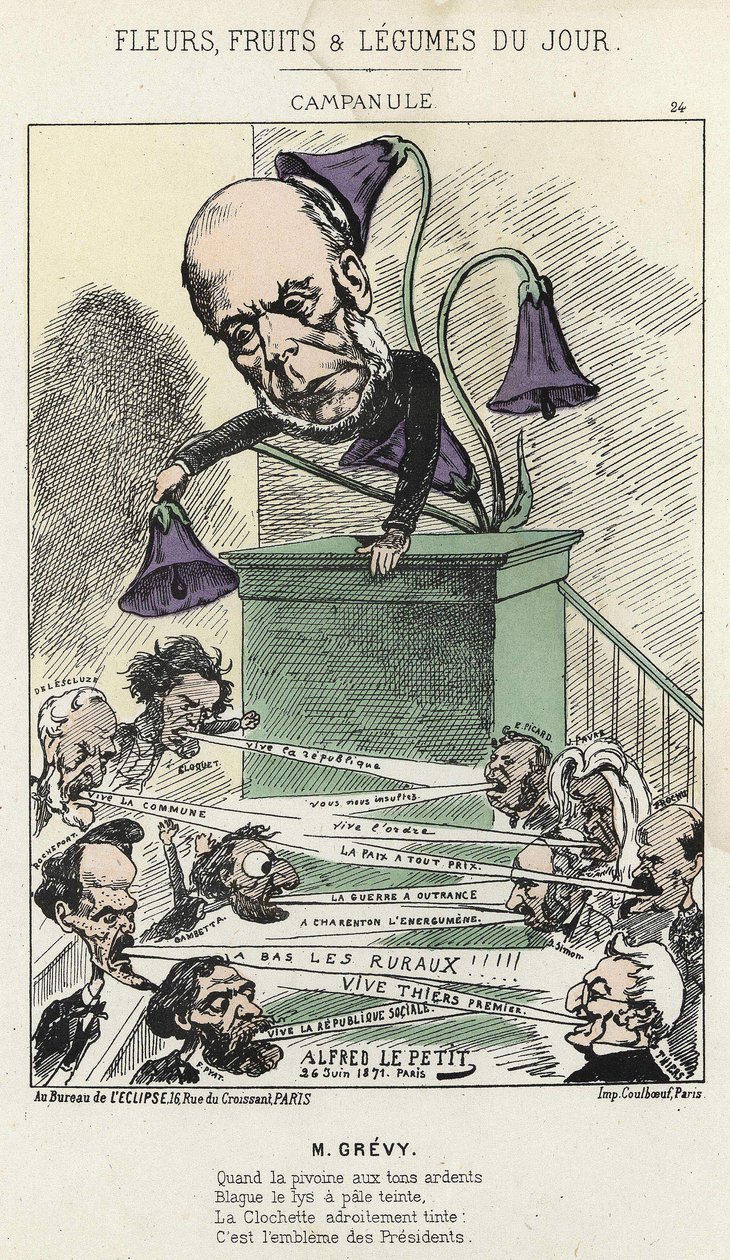 Klokkeblomst: karikatur på Grévy - ill. fra 26/06/1871 af Alfred Le Petit, i "Dagens blomster, frugter og grøntsager" af Alfred Le Petit