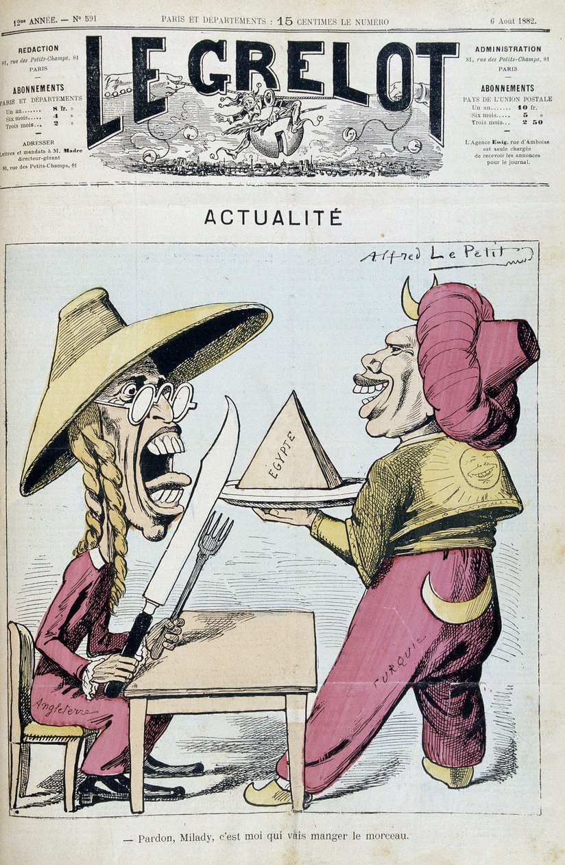 Tegneserie om tvisten mellem Tyrkiet og England om Egypten - af Alfred Le Petitty, i “” le Grelot ”” af 06/08/1892 af Alfred Le Petit