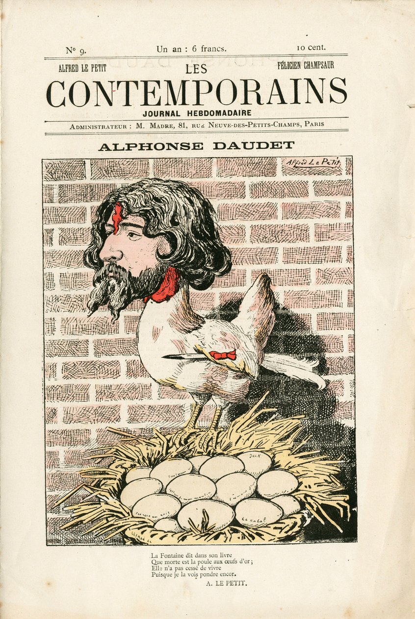 Cover af "" Les Contemporains"", nummer 9, satirisk i farver: Alphonse Daudet - Litteratur - Houle, Daudet Alphonse - Illustration af Alfred Le Pepetit (1841-1909) af Alfred Le Petit