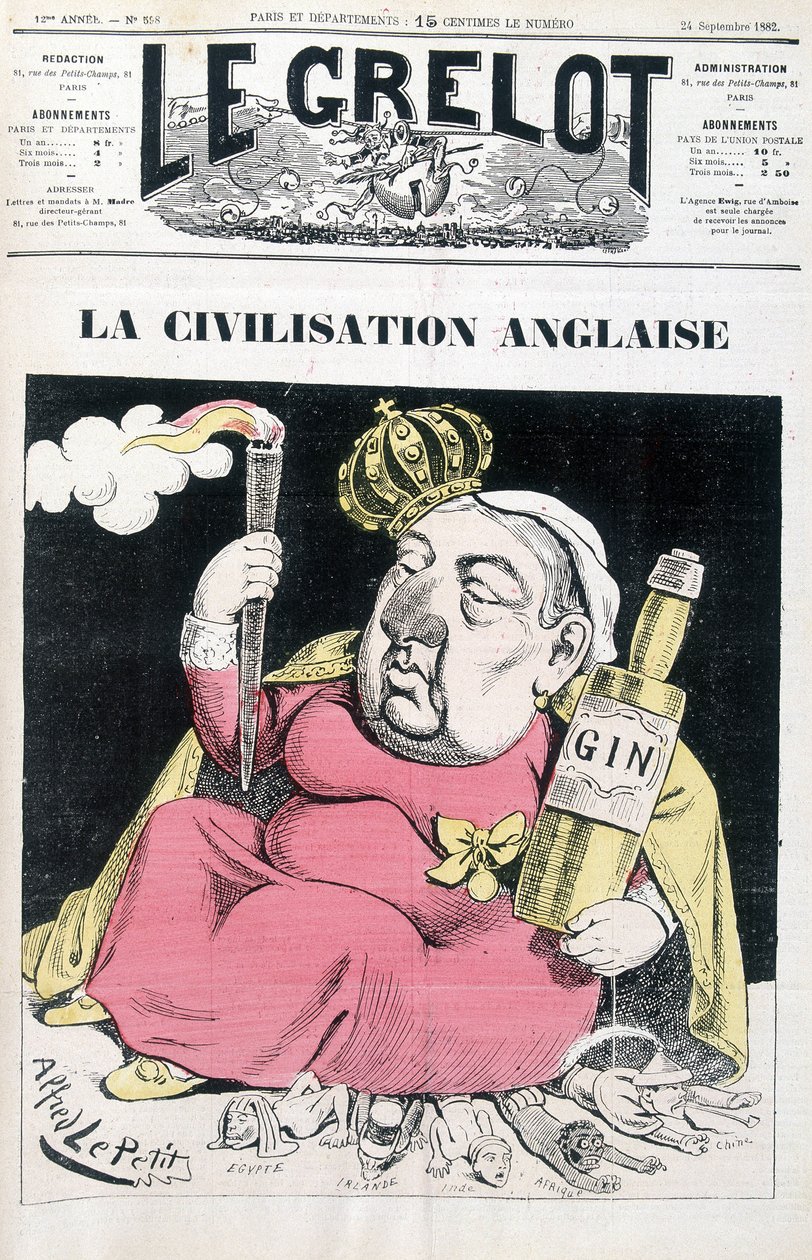 Engelsk civilisation: Victoria, en flaske gin i hånden, siddende på Egypten, Irland, Indien, Afrika og Kina - af Alfred Le Petitty, i "" Le Grelot"" fra 24/09/1882 af Alfred Le Petit
