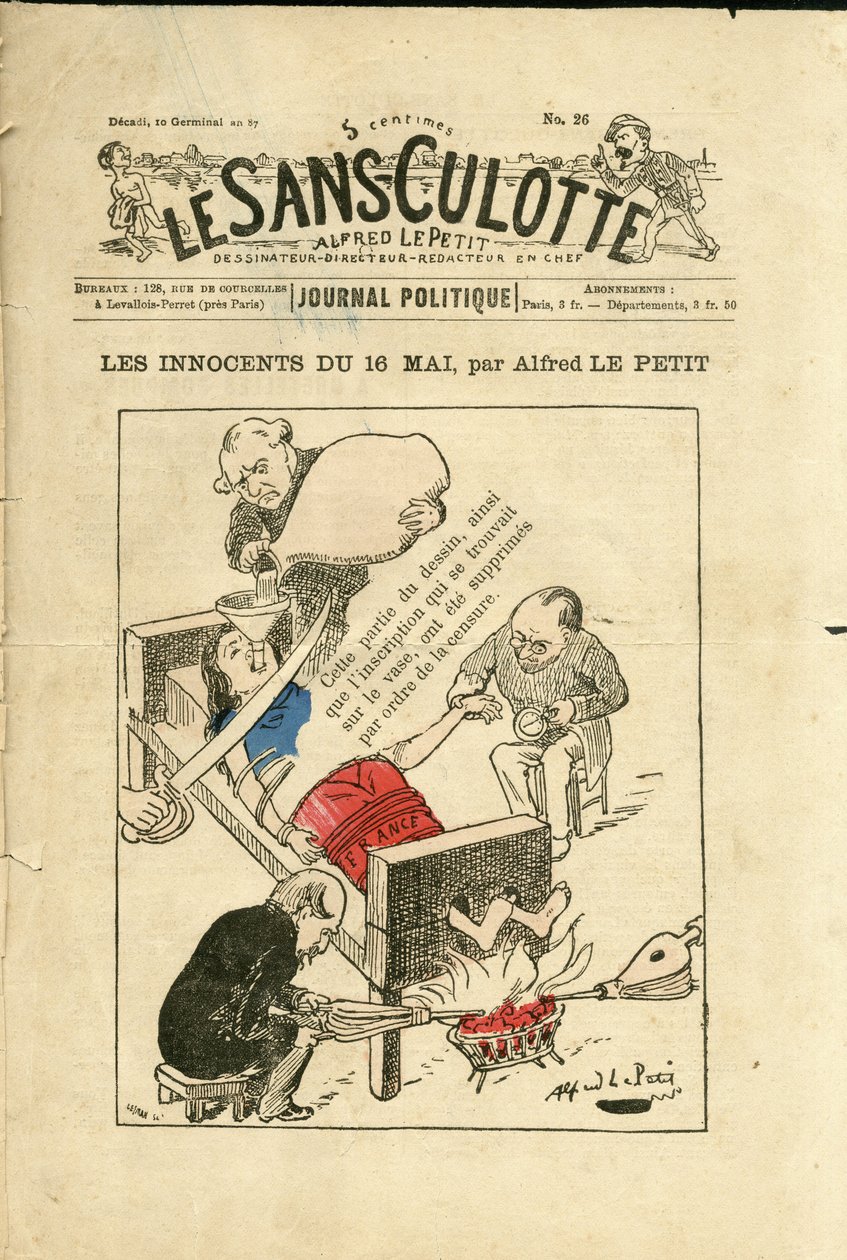 Illustration af Alfred Le Petity (1841-1909) til forsiden af Le Sans-Panlotte, ca. 1879 - De uskyldige af 16. maj - Censur, 16. maj af Alfred Le Petit