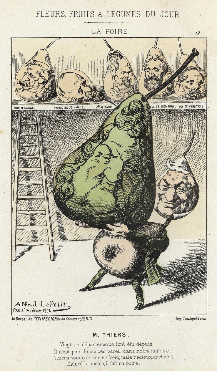 La Peire: Tegnefilm om Thiers - ill. fra 14/02/1871 af Alfred Le Petitty, i "Dagens blomster, frugter og grøntsager"". af Alfred Le Petit