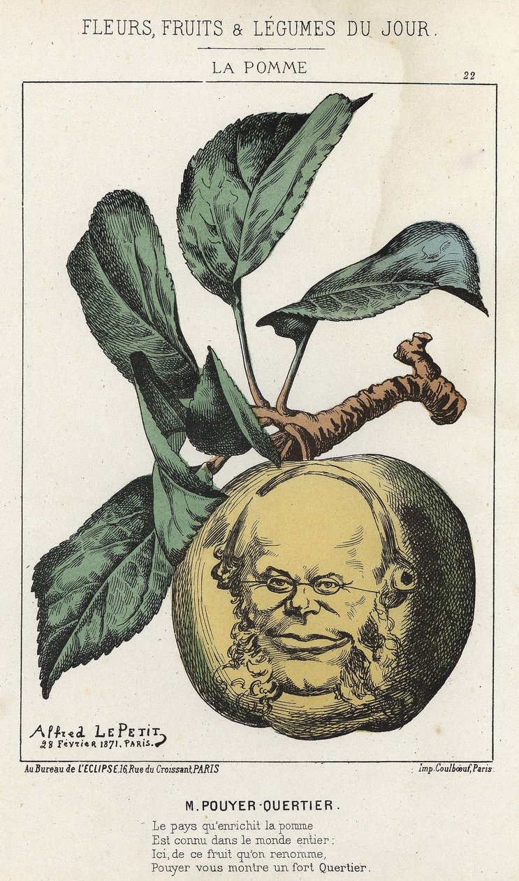La Pomme: karikatur på Pouyer Quertier (Pouyer-Quertier) - ill. fra 28/02/1871 i "Dagens blomster, frugter og grøntsager" af Alfred Le Petit