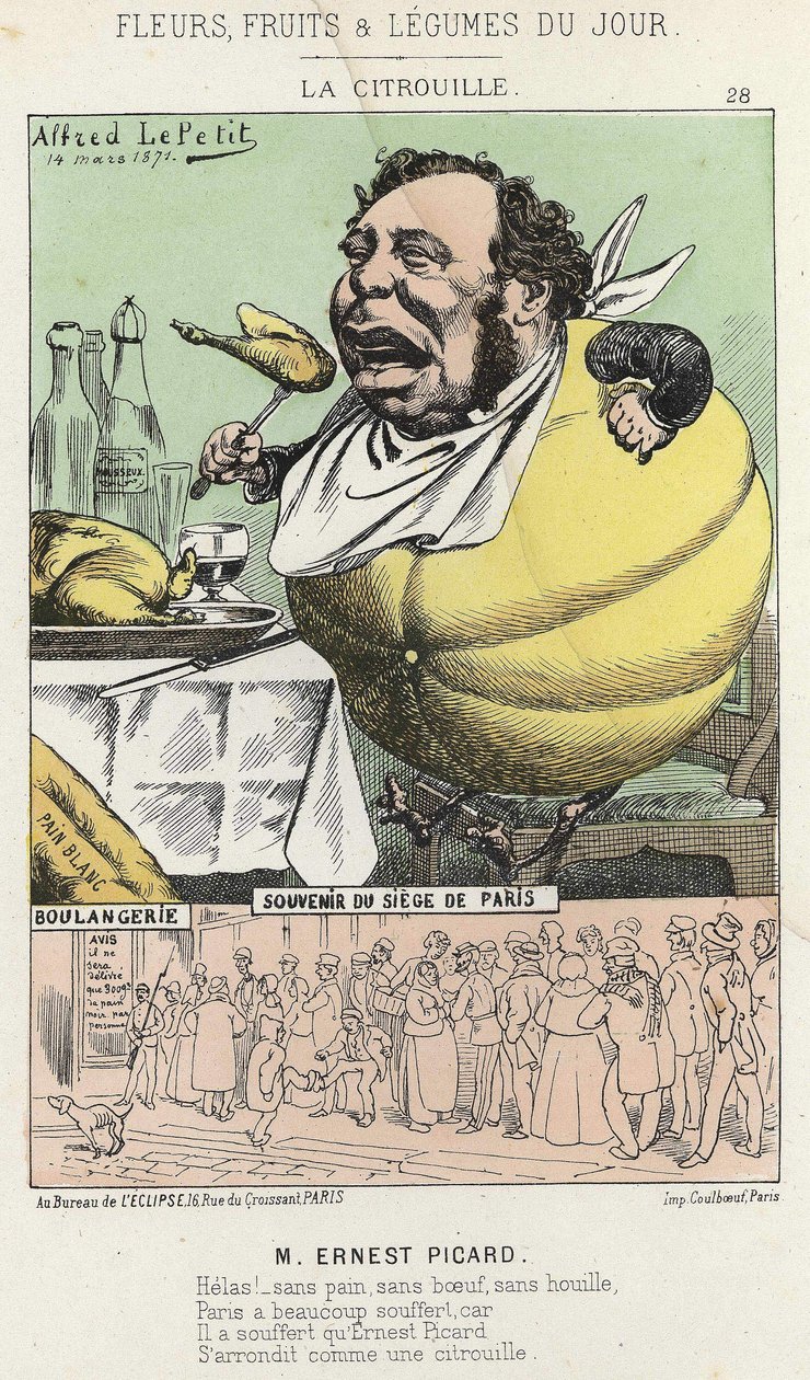 La Pumpkin: Karikatur af Ernest Picard - ill. af 14/03/1871 "Dagens blomster, frugter og grøntsager" af Alfred Le Petit