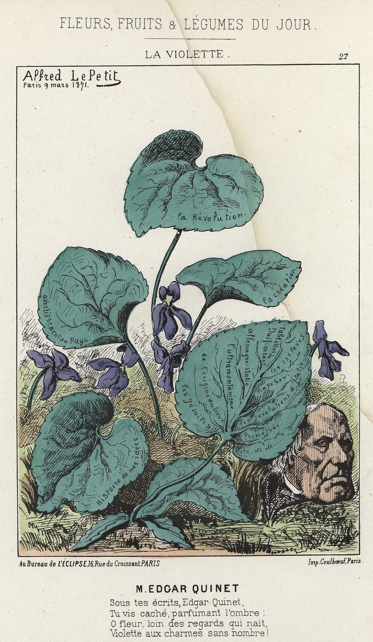 La Violette: Tegnefilm om Edgar Quinet - ill. fra 09/03/1871 i ”Blomster, frugter og grøntsager du Jour” af Alfred Le Petit