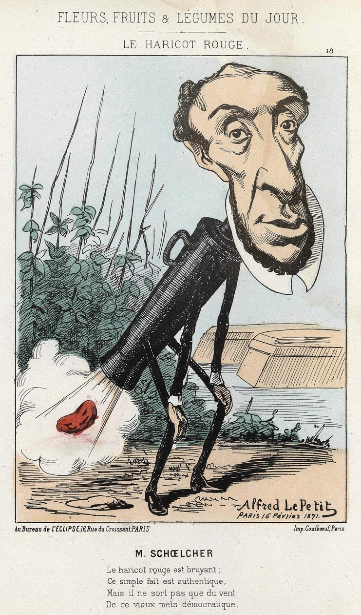 Le Bean rouge: karikatur af Victor Schoelcher repræsenterer i toget af Peter en bønne (prut) - ill. af 16/02/1871 af Alfred Le Petité, i ""Dagens blomster, frugter og grøntsager"". af Alfred Le Petit
