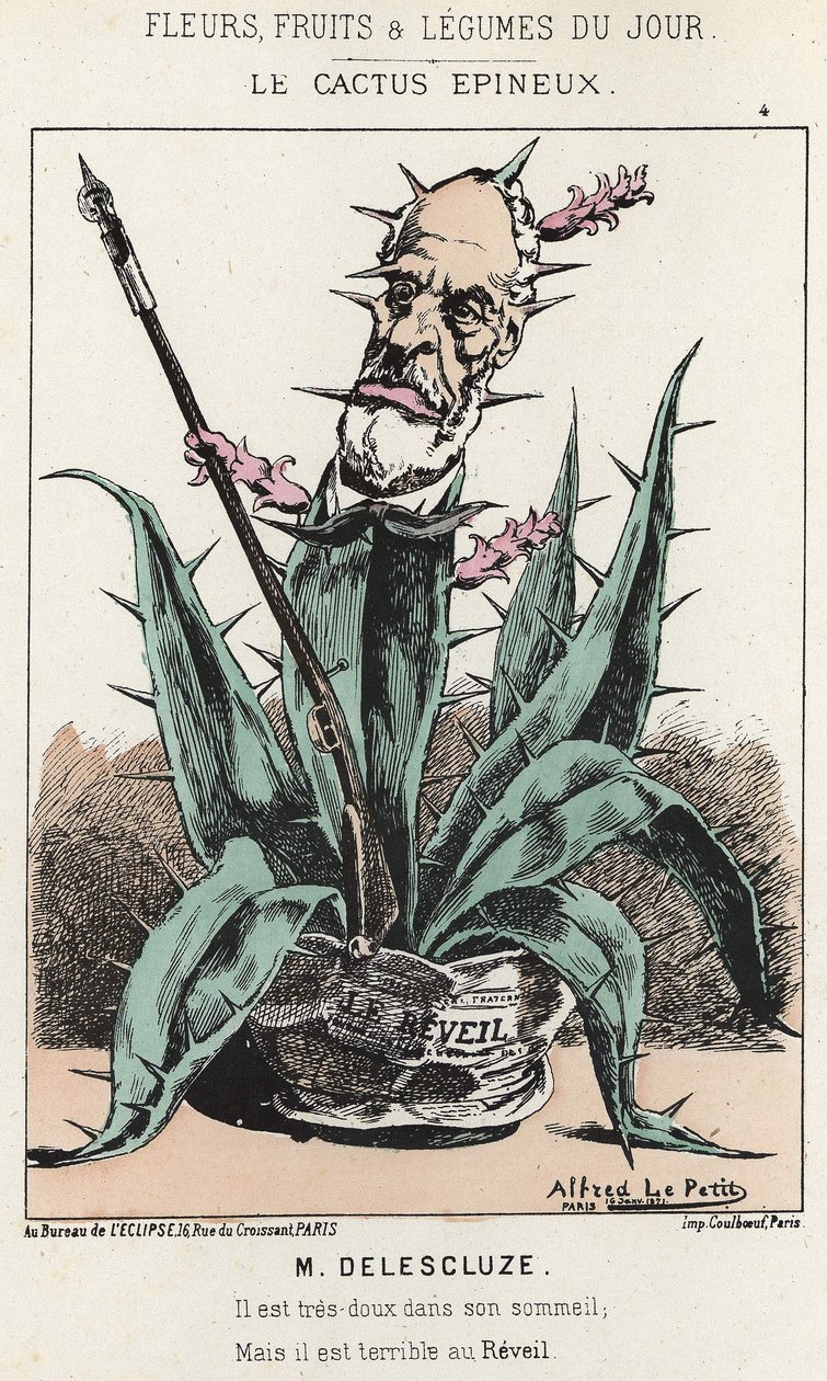 Le Cactus Spineux: Tegnefilm om Louis Charles Delescluze (1809 - 1871) - ill. fra 16/01/1871 i "Dagens blomster, frugter og grøntsager" af Alfred Le Petit