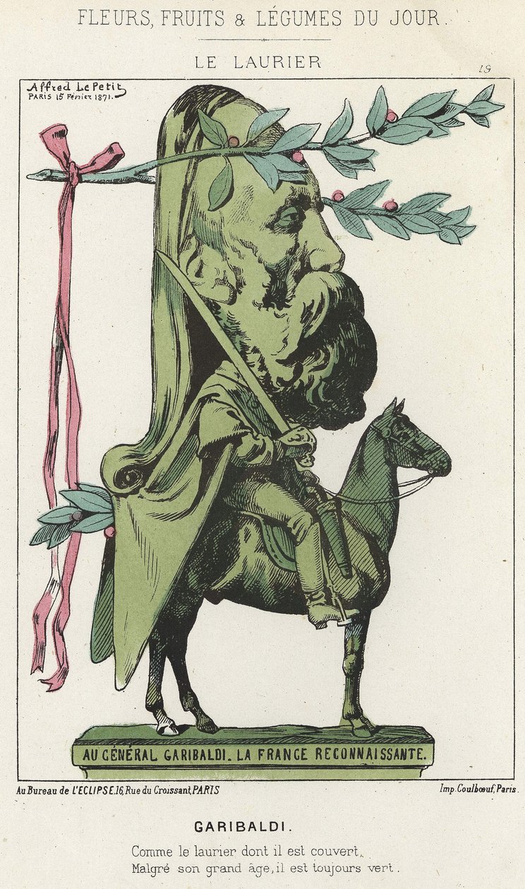 Le Laurier: Tegnefilm om Garibaldi - ill. fra 15/02/1871 i "Dagens blomster, frugter og grøntsager" af Alfred Le Petit