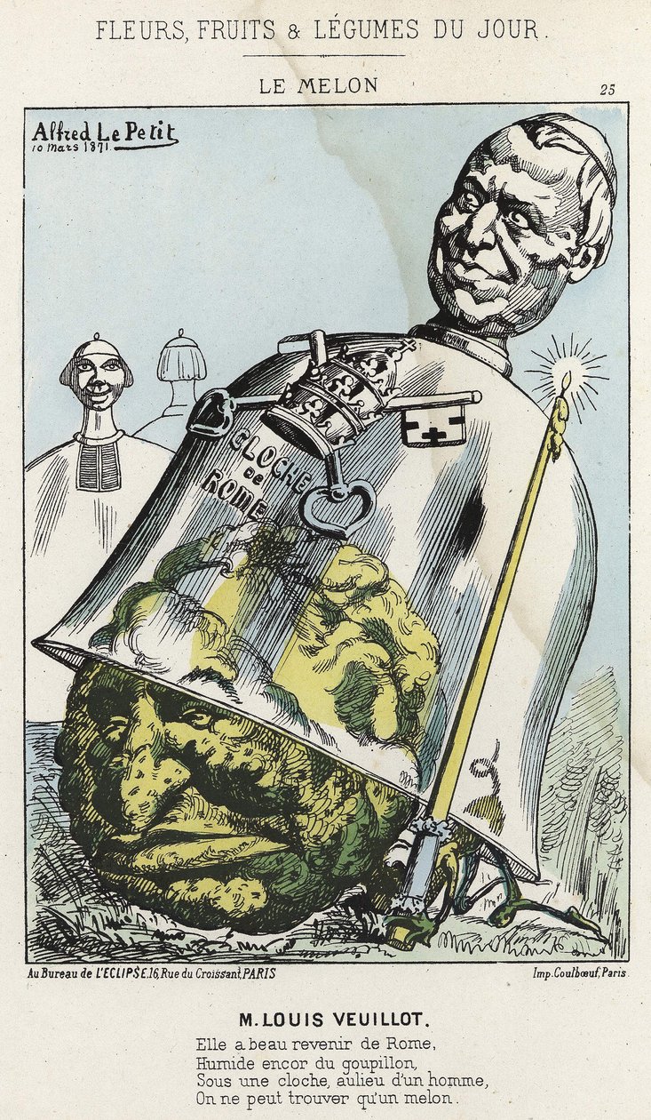Melonen: Tegnefilm om Louis Veuillot - ill. fra 03/10/1871 i ”Dagens blomster, frugter og grøntsager” af Alfred Le Petit