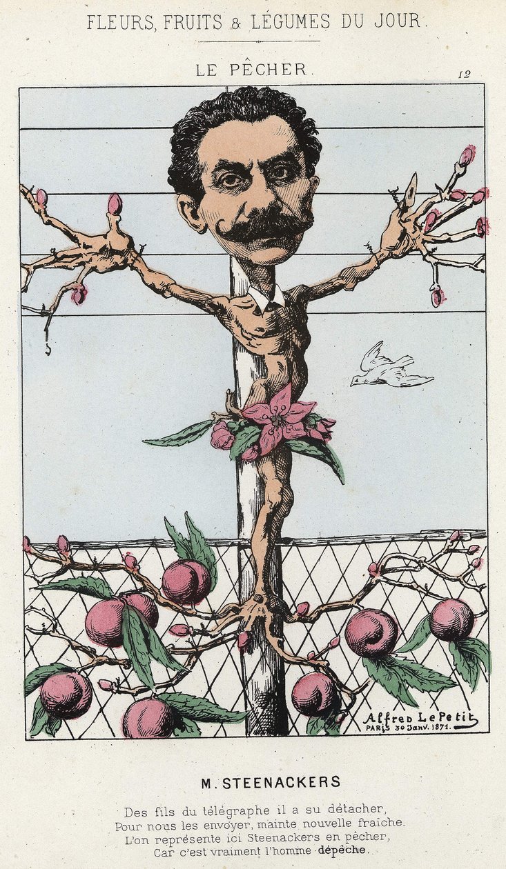 Le Pêcher: Tegnefilm om Steenackers - ill. fra 30/01/1871 i "Dagens blomster, frugter og grøntsager" af Alfred Le Petit