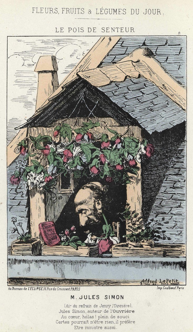 Le Peas de Fragreur: karikatur om Jules Simon (1814 - 1896) - ill. fra 12/01/187 i "Dagens blomster, frugter og grøntsager" af Alfred Le Petit