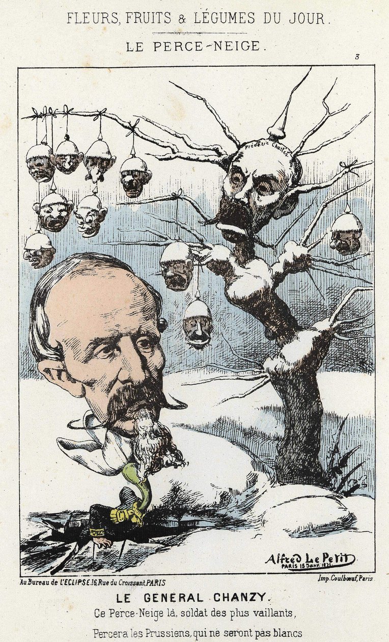 Le Perce-Neige: karikatur om general Antoine Alfred Eugène Chanzy (1823 - 1883) - ill. fra 15/01/1871 i "Dagens blomster, frugter og grøntsager" af Alfred Le Petit