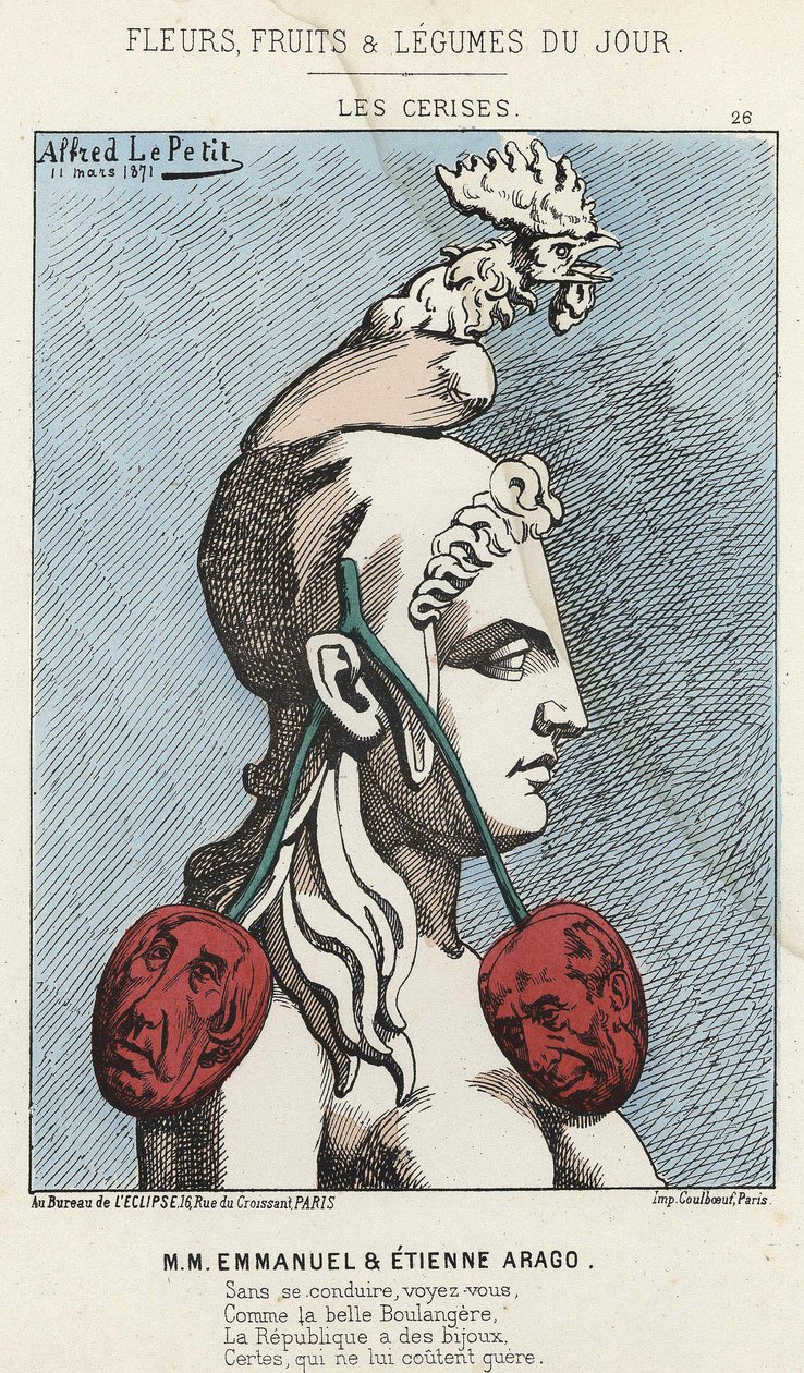 Les Cherry: karikatur af MM Emmanuel og Etienne Arago - ill. af 11/03/1871 i "Dagens blomster, frugter og grøntsager" af Alfred Le Petit