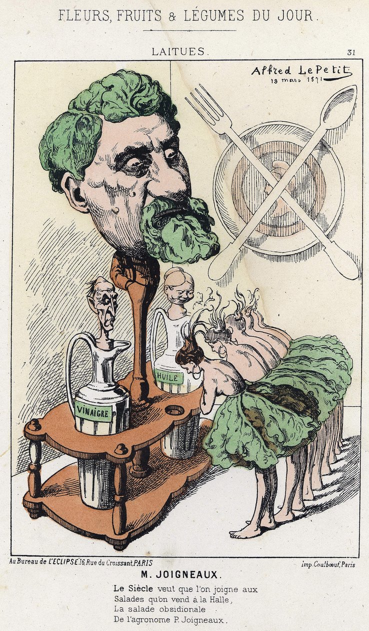 Salat: karikatur på Joigneaux - ill. fra 18/03/1871, i "Blomster, frugter og grøntsager du Jour" af Alfred Le Petit