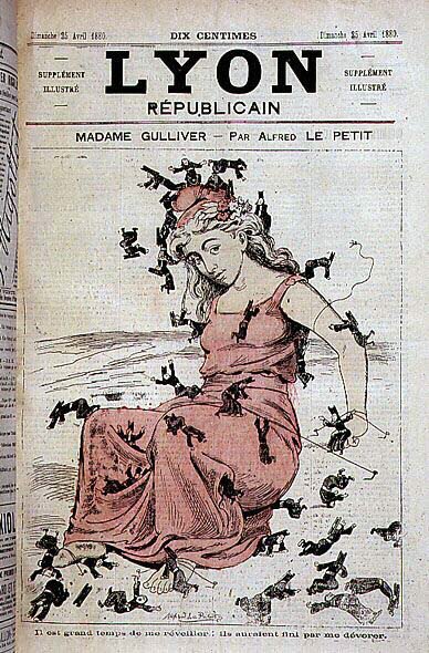 Madame Gulliver: Det er på høje tid at vække mig: de ville have spist mig (Marianne stod op og mænd fra gejstligheden, i Lilliputians, forsøger at binde hende) - af Alfred Le Petitty, i "Lyon Républicain"" af 25 /04/1880 af Alfred Le Petit