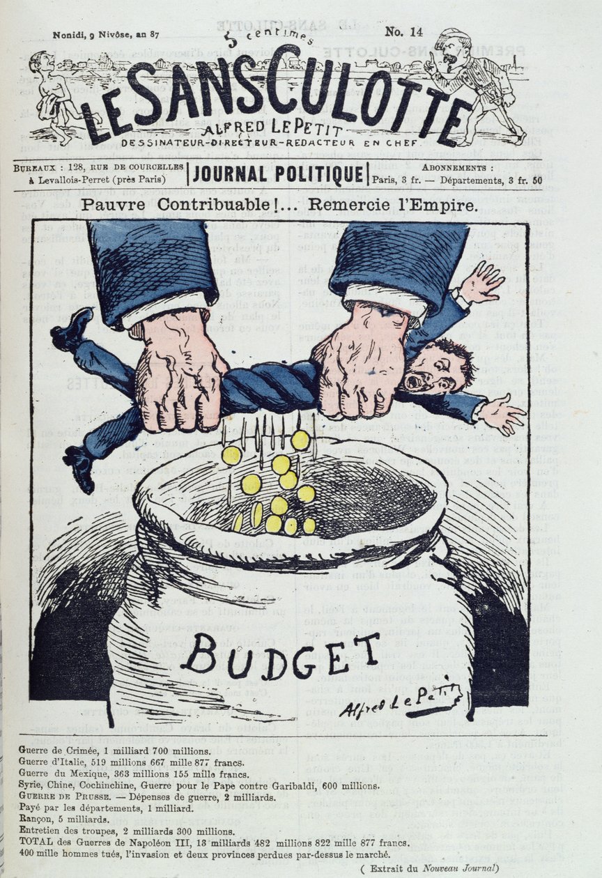 "Poor Taxpayer!....Thank the Empire", tegneserie, der kritiserer omkostningerne ved krigene under det andet kejserrige (1852-70), fra "Le Sans Culotte". af Alfred Le Petit