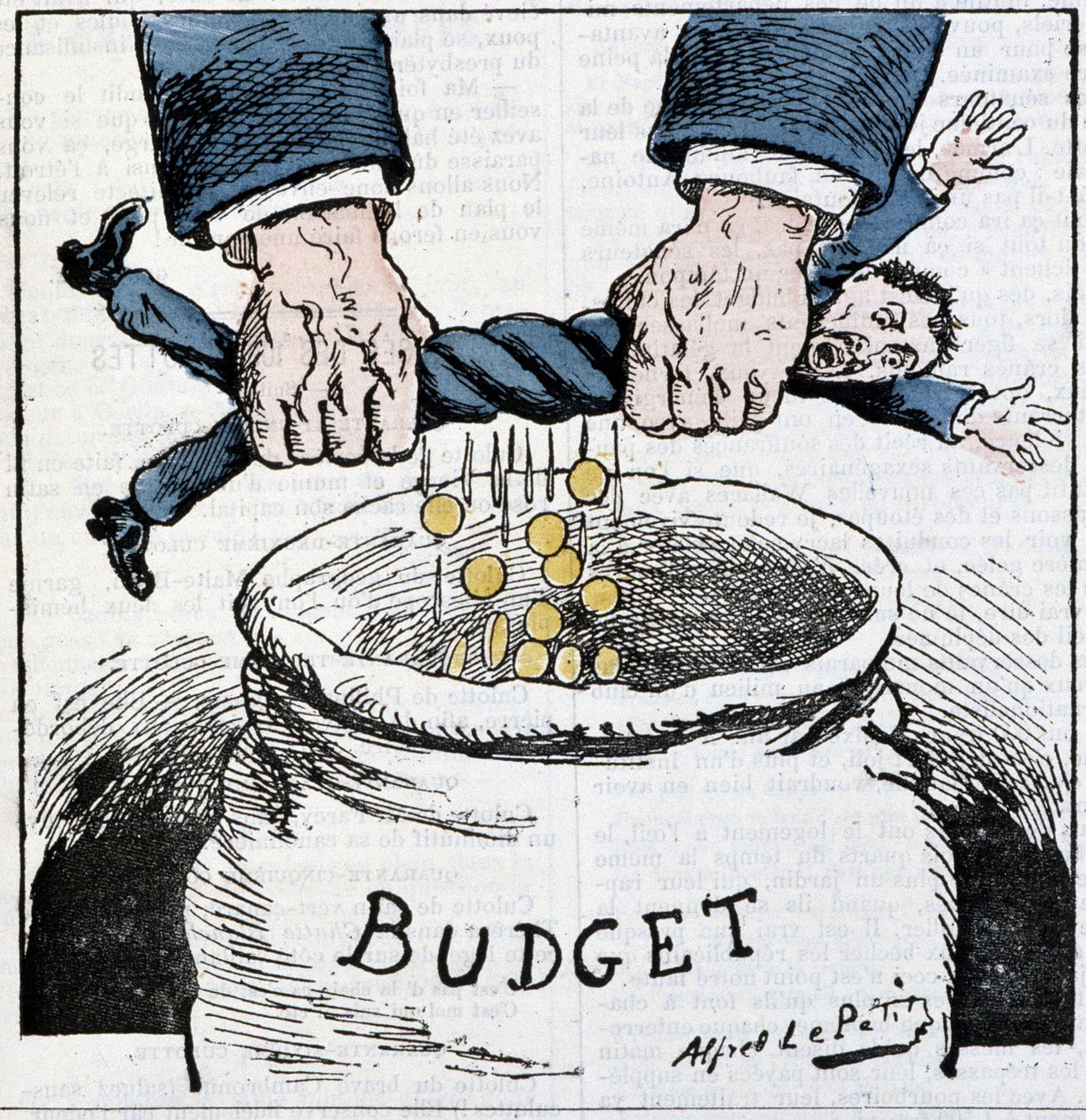 Stakkels skatteyder, tak til imperiet! : tegneserie om skatter og budget - af A. Le Petitty, i "Le Sans-Culotte"" af Alfred Le Petit