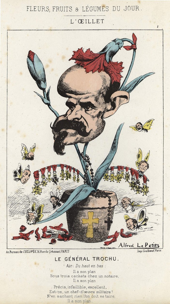 Nelliken: Tegnefilm om general Louis Jules Trochu (1815 - 1896) - ill. af 11/01/1871 i "Dagens blomster, frugter og grøntsager" af Alfred Le Petit