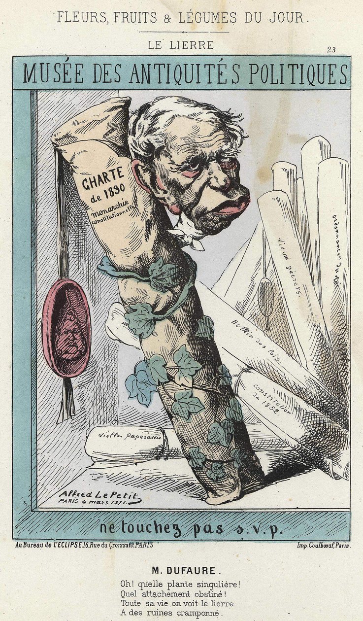 The Ivy: Cartoon on Jules Armand (Jules-Armand) Dufaure (1798-1881) i efeu, der omgiver en papirrulle med "Charter of 1830" skrevet på den og et segl med hovedet af kong Louis Philippe 1. - syg. af 04/03/1871 i ” Blomster, Frugter og Grøntsager af af Alfred Le Petit