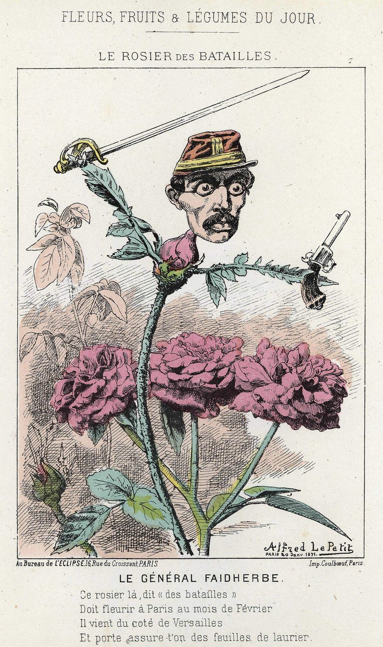 The Rosier des Batailles: tegneserie om general Faidherbe - ill. fra 20/01/1871 i "Dagens blomster, frugter og grøntsager" af Alfred Le Petit