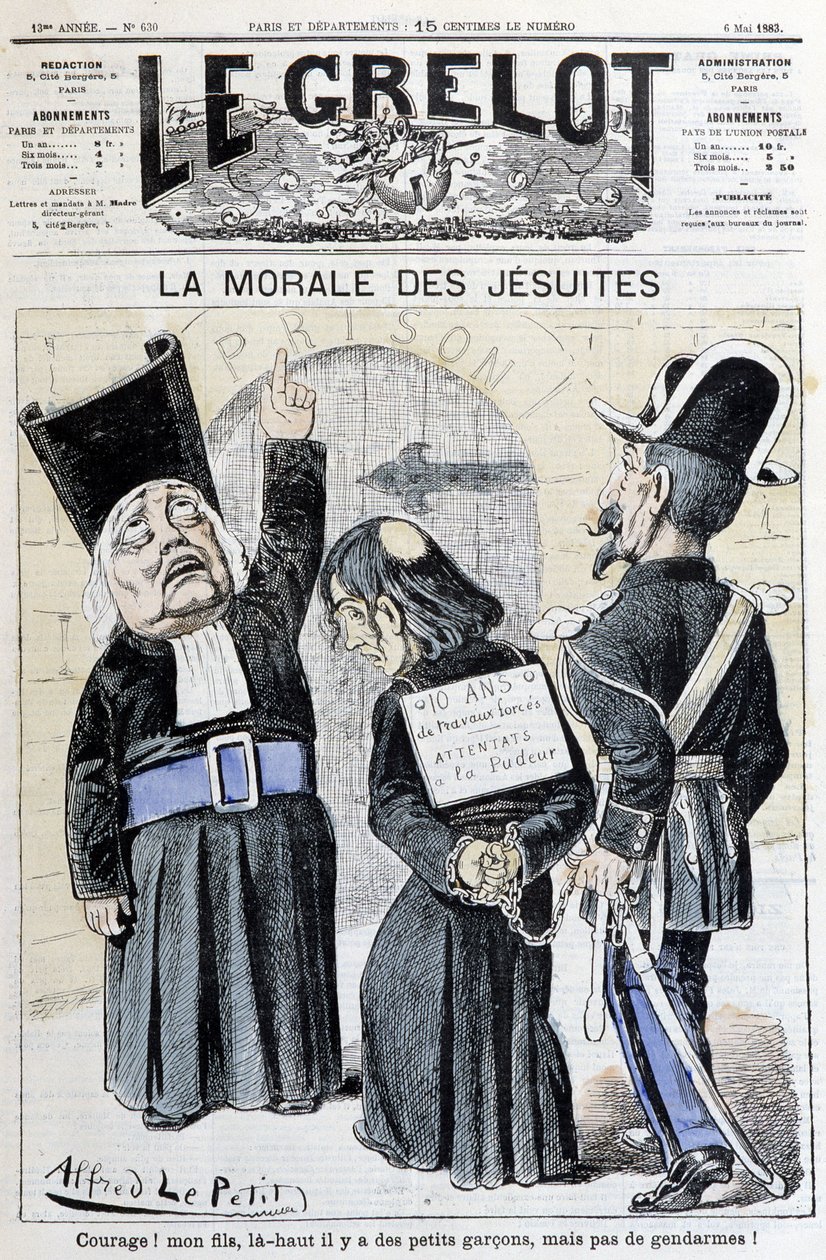 Jesuiternes moral "Mod! Min søn, oven i købet er der små drenge, men gendarmer!" maj 1883 (gravering) af Alfred Le Petit