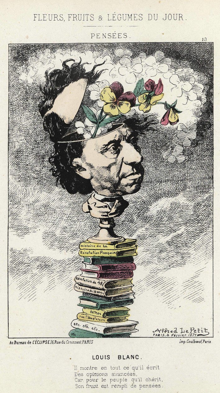 Tanker: Tegnefilm om Louis Blanc - ill. fra 04/02/1871 i "Dagens blomster, frugter og grøntsager" af Alfred Le Petit