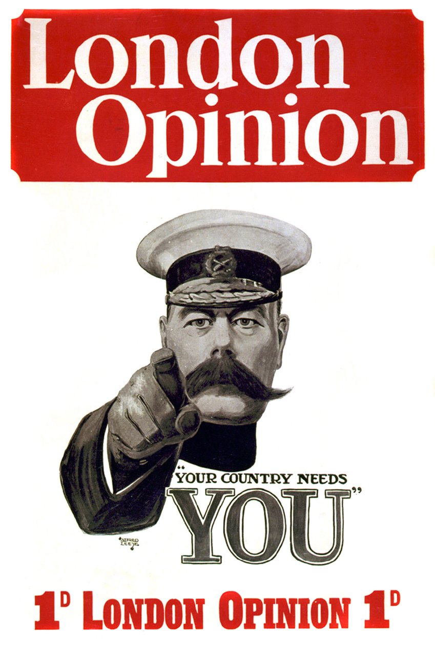 Første Verdenskrig: plakat for rekruttering af britiske soldater: Kommandør Lord Horatio Herbert Kitchener af Khartoum (1850-1916), britisk soldat og statsmand, der peger på militære potentialer "Landet har brug for dig" Tegning af Alfred Leete (1882-1933) af Alfred Leete