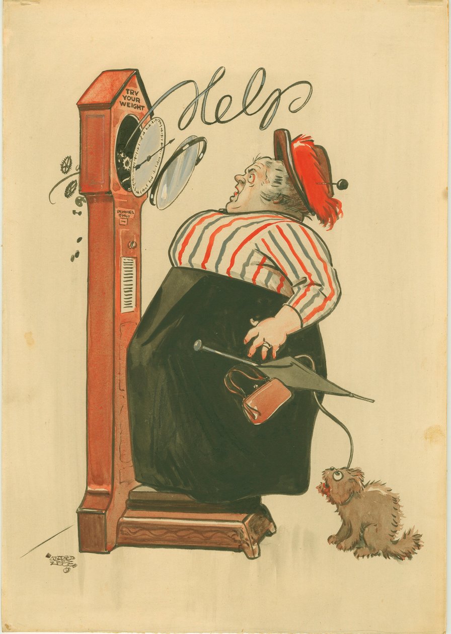Prøv din vægt! (akvarel) af Alfred Leete