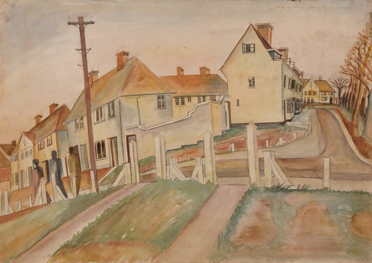 Suburban Scene (akvarel og blyant på papir) af Alfred Lomnitz