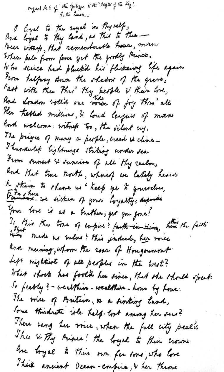 Originalmanuskript af efterskriftet til "Idylls of the King", adresseret til dronning Victoria, 1872 af Alfred Lord Tennyson
