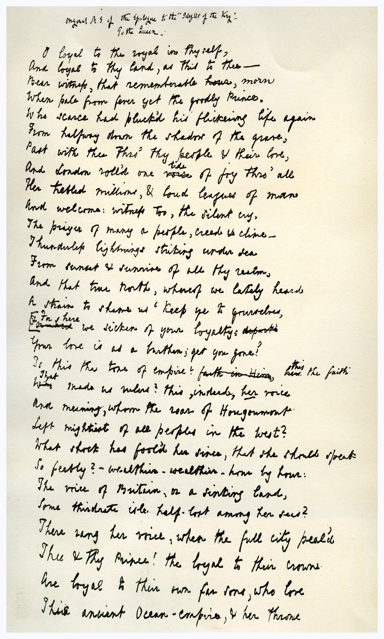 Originalt manuskript af epilogen til kongens idyller, c1872. af Alfred Lord Tennyson