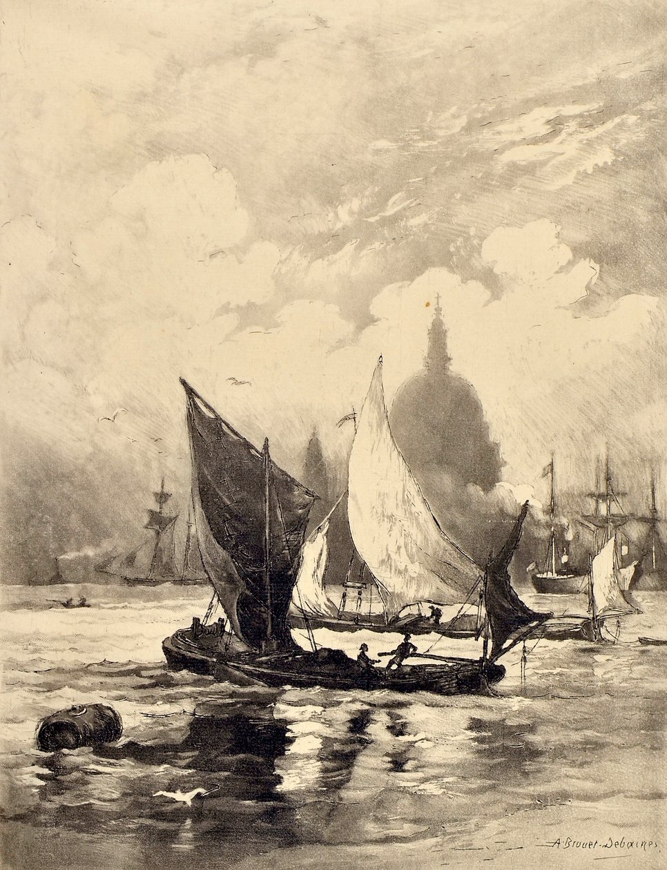 Themsen under London Bridge (akvatint) af Alfred Louis Brunet Debaines