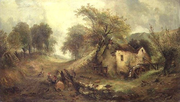 Børn på en sti ved en mølle af Alfred Montague