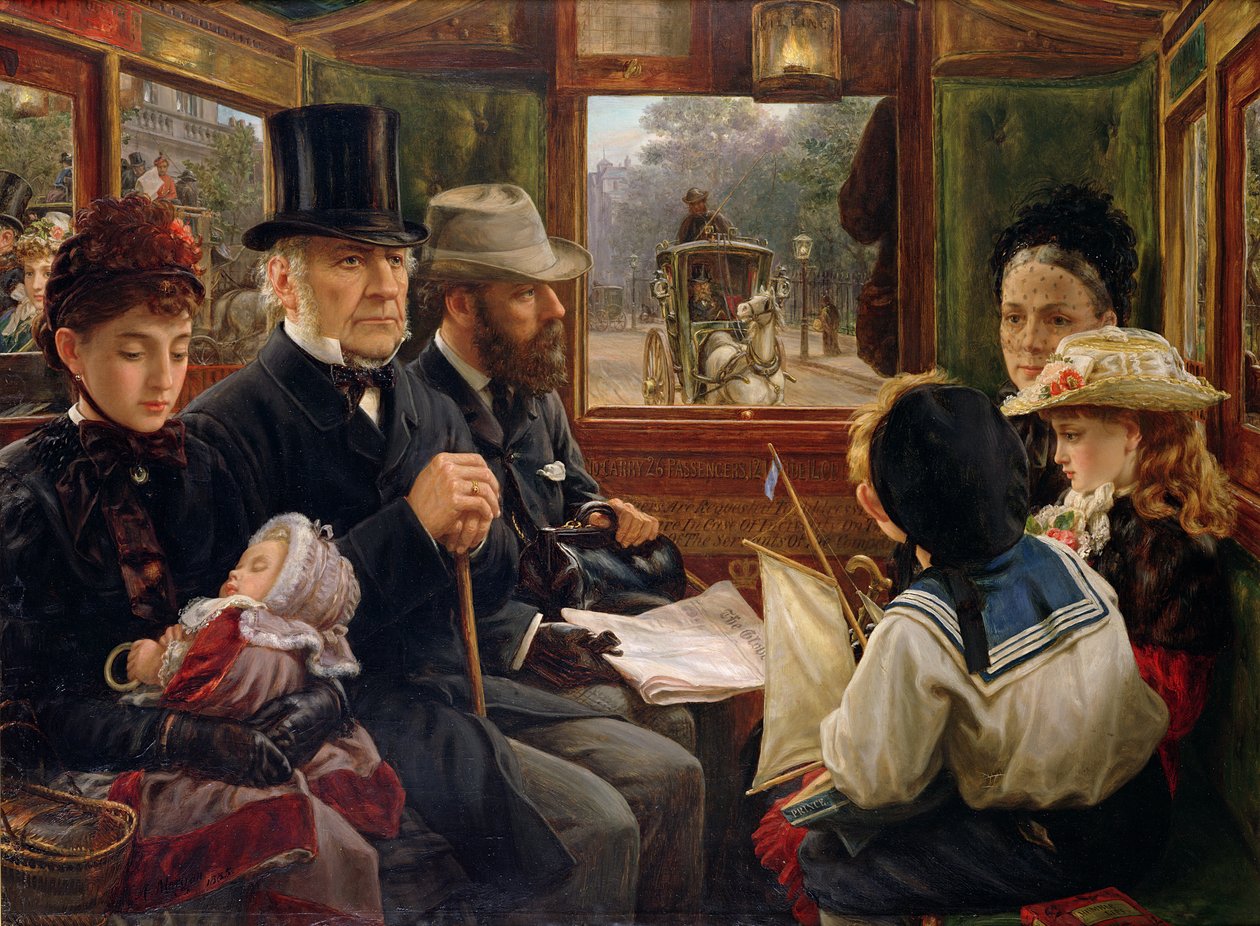 En omnibustur til Piccadilly Circus, hr. Gladstone på rejse med almindelige passagerer, 1885 af Alfred Morgan