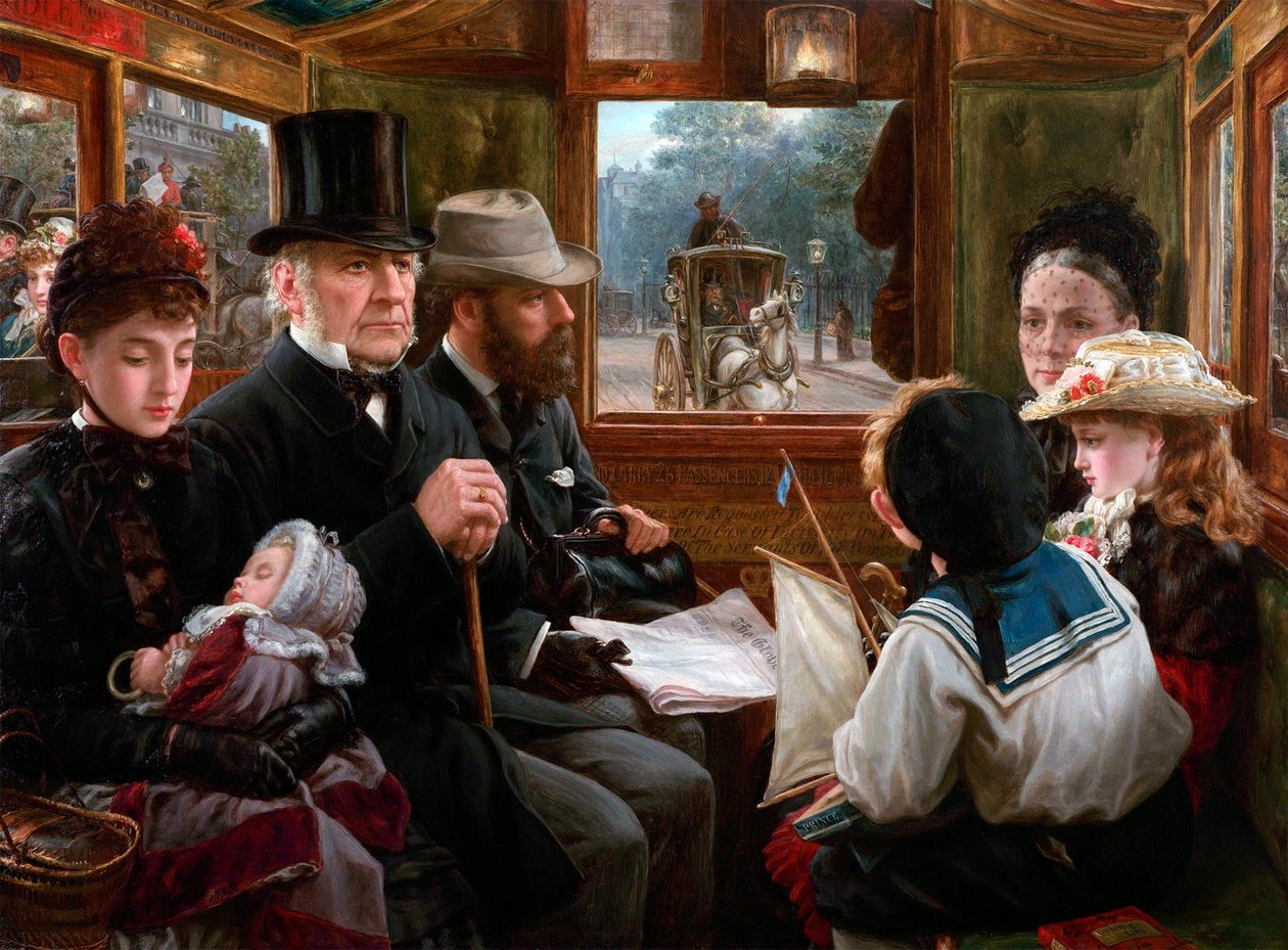 En omnibustur til Piccadilly Circus Mr Gladstone, der rejser med almindelige passagerer, 1885. af Alfred Morgan