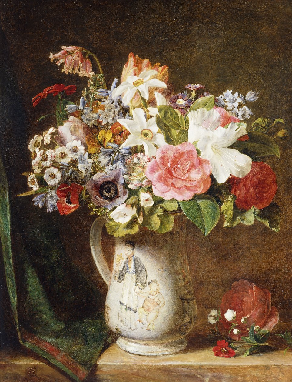 Roser Tulipaner og andre Blomster i en Porcelæns Tankard på en Draperet Afsats, af Alfred Morgan
