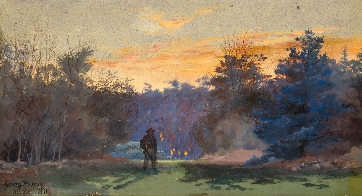 Jæger i solnedgangslandskab af Alfred Parsons