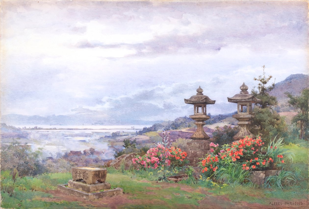 Solnedgang over Biwa-søen, fra Tennenji (akvarel) af Alfred Parsons