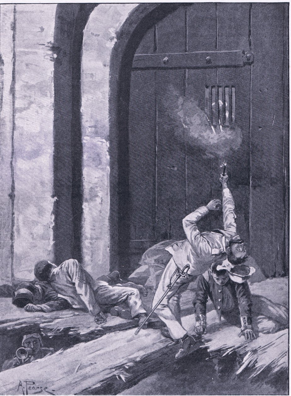 Delhi: Løjtnant Salkeld, bengalske ingeniører sprænger Kashmir-porten i luften, illustration fra britiske slag på land og hav, 1915 af Alfred Pearse