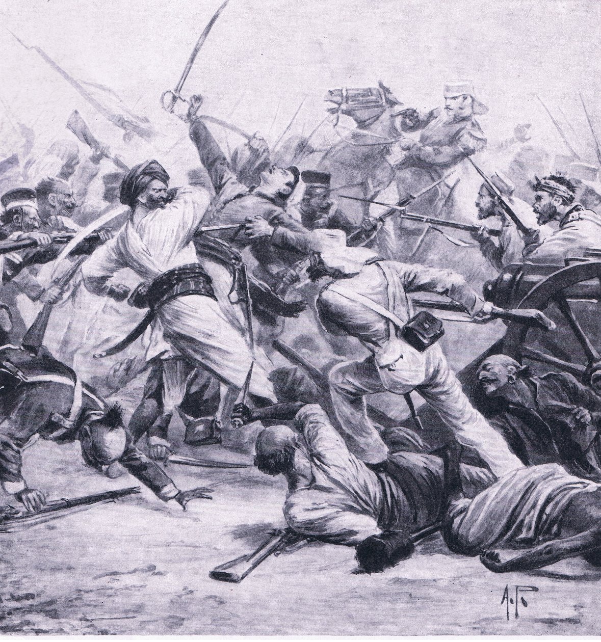 Nicholsons nederlag af oprørerne ved Najafgarh, 2. august 1857, illustration fra British Battles on Land and Sea, 1915 af Alfred Pearse