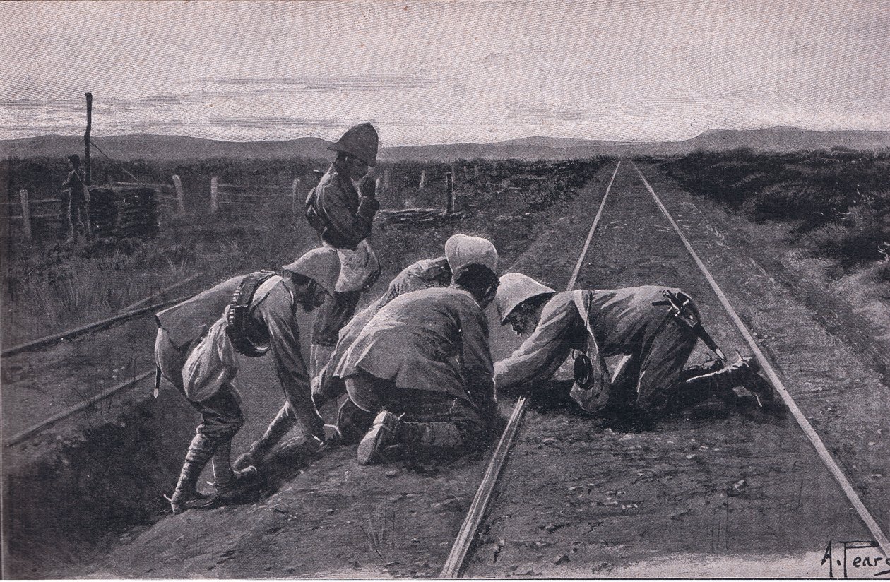 Vores tropper sprænger en militærjernbane nord for Bloemfontein (litho) af Alfred Pearse