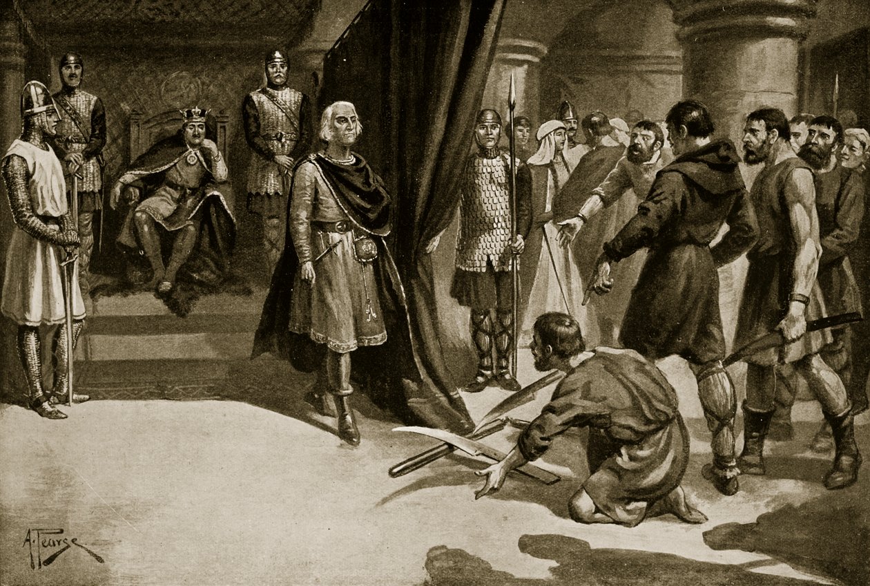 Bønder, der kaster deres plovjern ned for fødderne af Henry I, illustration fra 