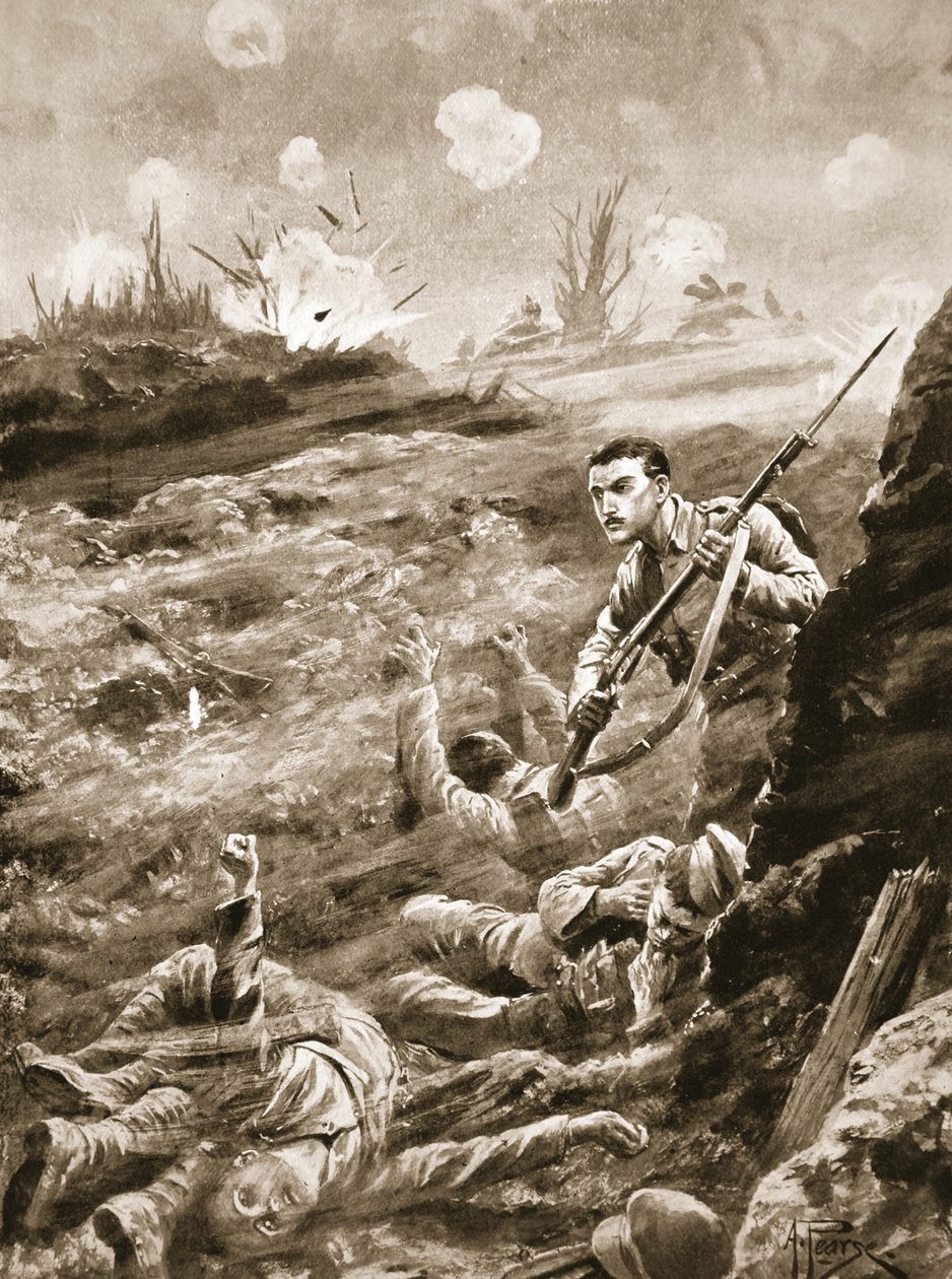 Menig E. Warner holder på egen hånd en skyttegrav, som var blevet evakueret efter et gasangreb af Alfred Pearse