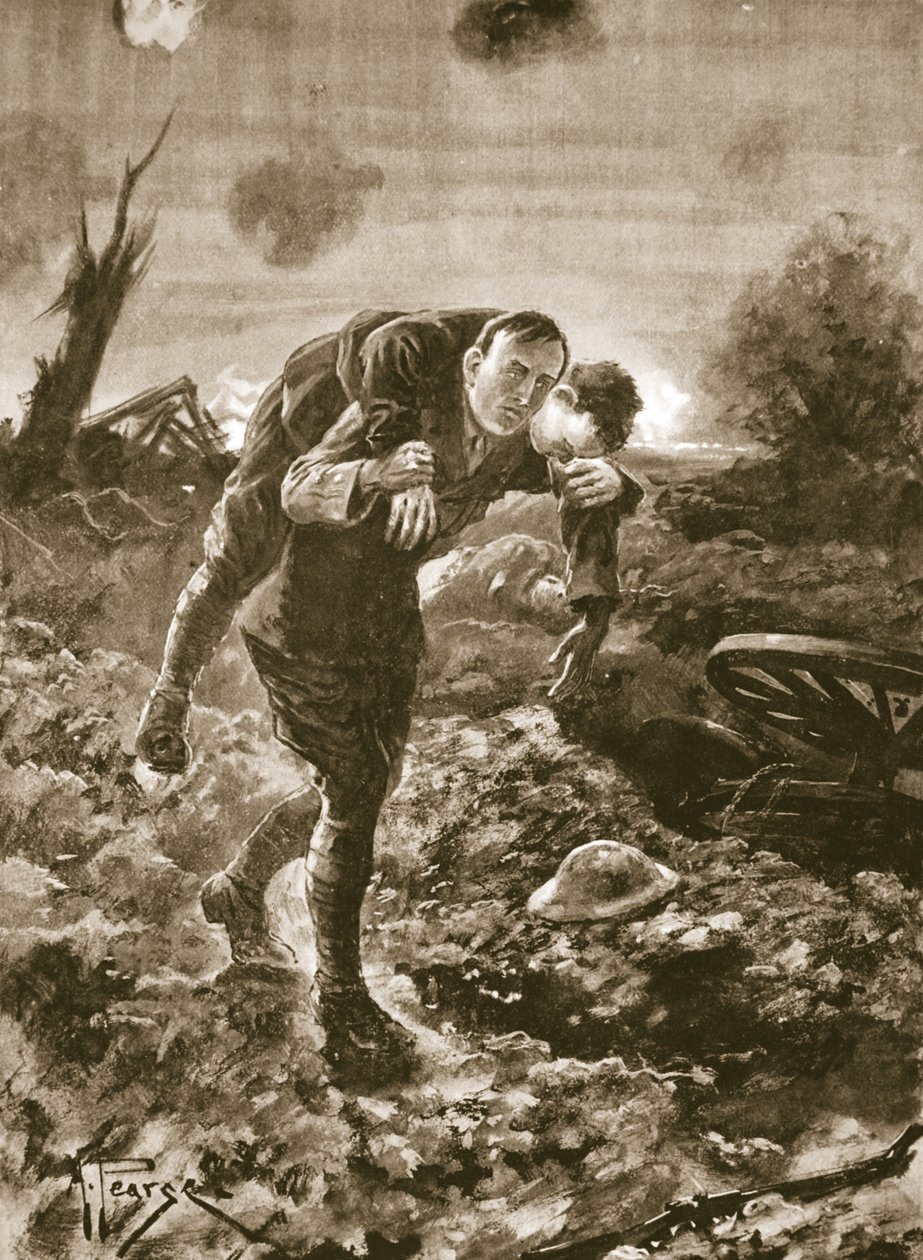 Midlertidig løjtnant G. St. G. S. Cather bringer en såret mand ind med fuldt udsyn over fjenden og under maskingevær- og artilleriild af Alfred Pearse