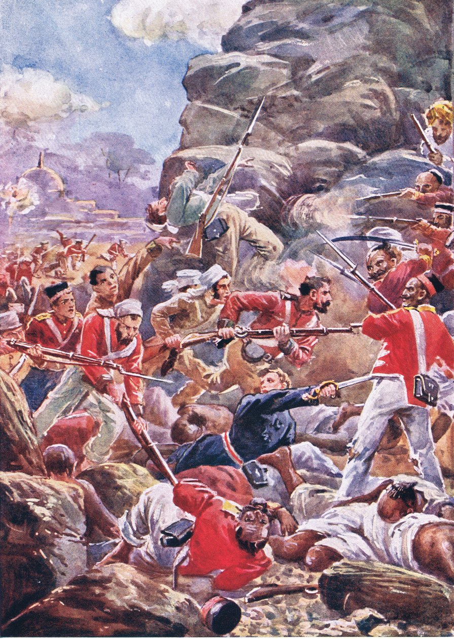 The siege of Delhi: Storming the breach, illustration fra British Battles on Land and Sea, 1915 af Alfred Pearse