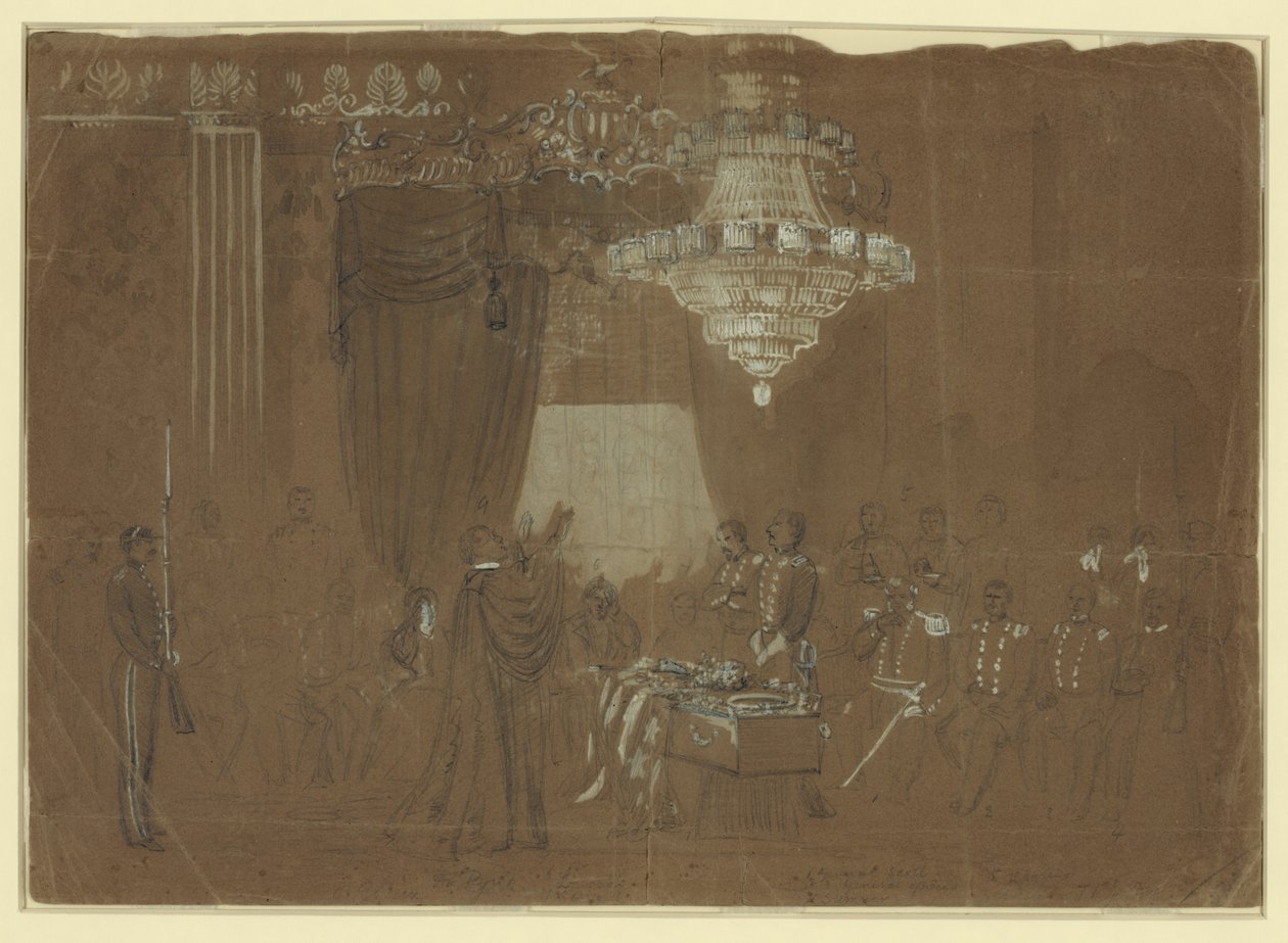 Begravelse over oberst Ellsworth i White House East Room Abstrakt/medium af Alfred R. Waud