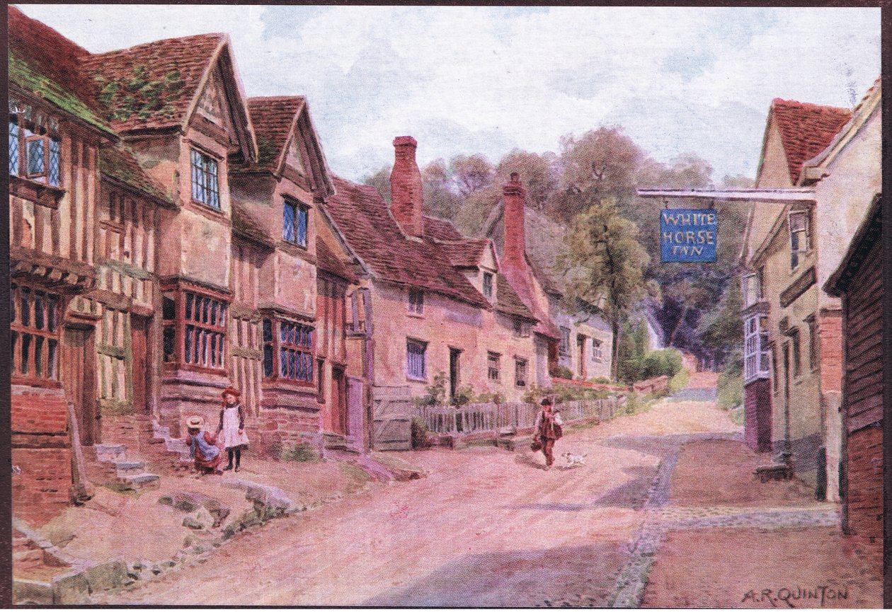 Huse tidligere besat af vævere, Kersey, Suffolk, fra The Cottages and the Village Life of Rural England udgivet af Dent & Sons Limited af Alfred Robert Quinton