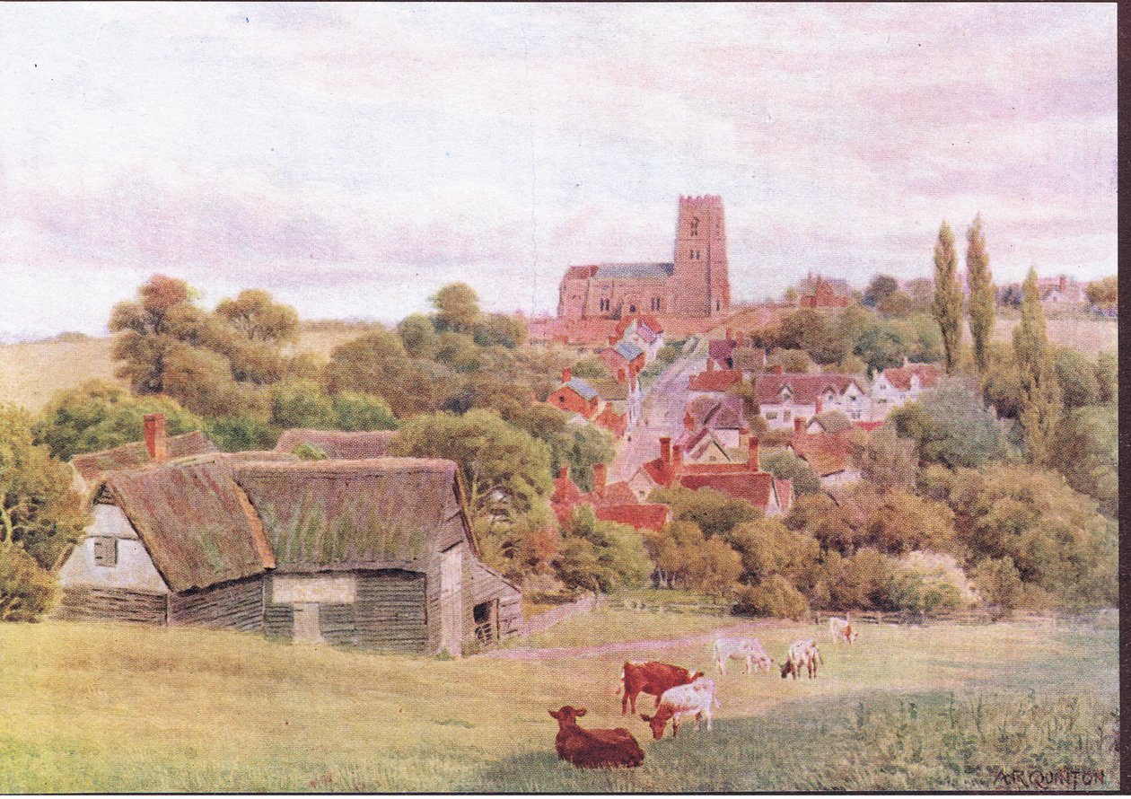 The Church on the Hill, Kersey, Suffolk, fra The Cottages and the Village Life of Rural England udgivet af Dent & Sons Limited, 1912 af Alfred Robert Quinton