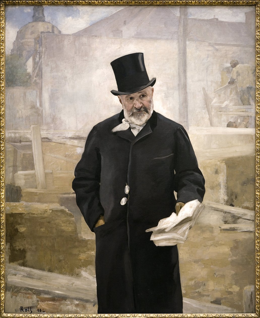 Portræt af Jean Charles Adolphe Alphand (1817-1891), samarbejdspartner for Baron Haussmann, tilsynsførende for offentlige arbejder, layout af grønne områder i Paris, direktør for værker af verdensudstillingen i 1889, Oliemaleri på lærred af Alfred Roll (18 af Alfred Roll