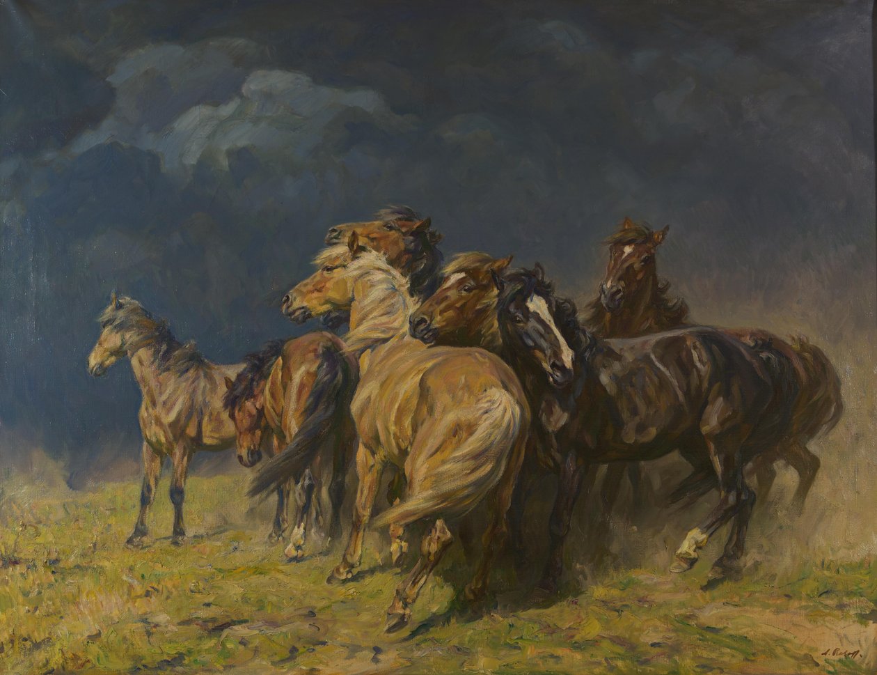 Heste i stormende kuling af Alfred Roloff